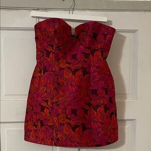 Floral Strapless Mini Dress - Red and Pink